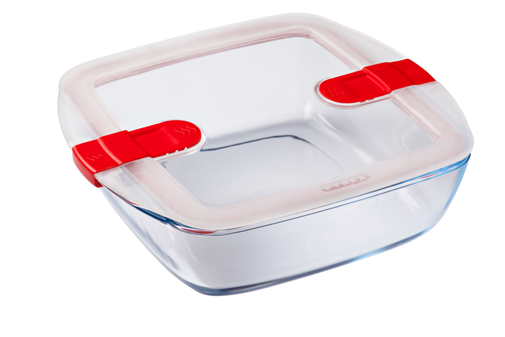 Square glass dish with steam valve lid - Cook Heat