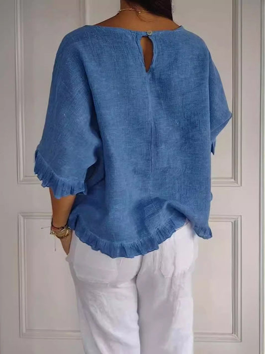 🔥Saldi di liquidazione🔥 Top da donna in cotone e lino con scollo tondo e balze