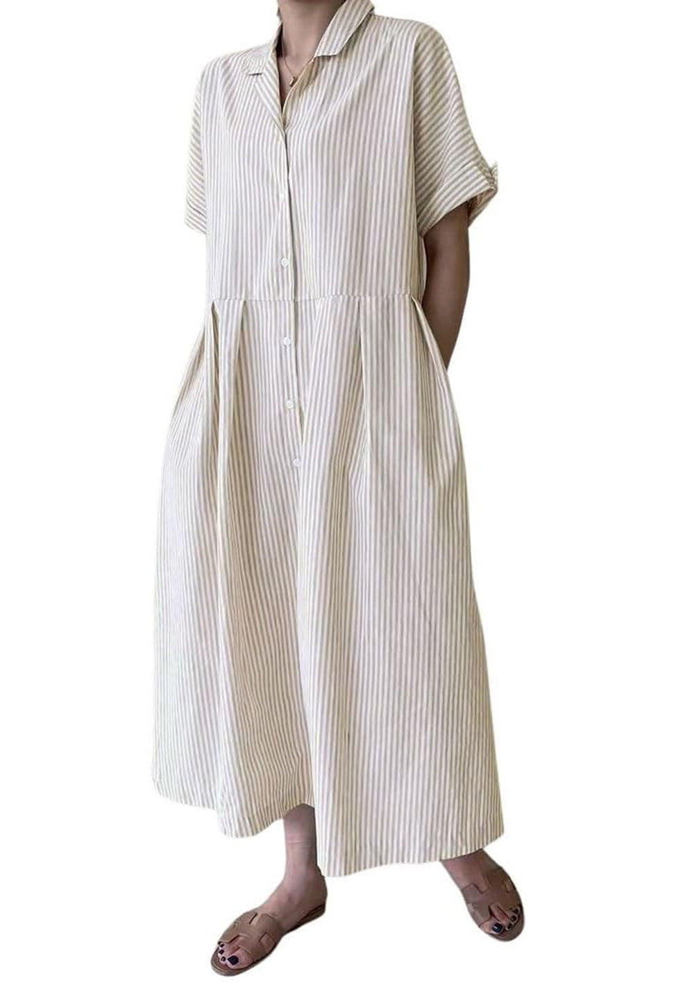Abito camicia da donna a righe in cotone, abito lungo a trapezio a maniche corte con bottoni e tasche (acquista 2 e la spedizione è gratuita)