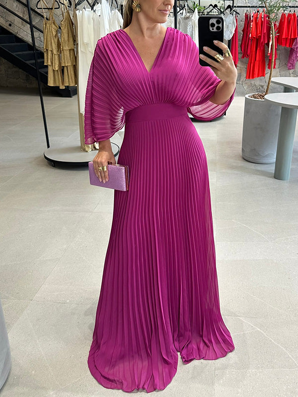 NEU🔥 V-Ausschnitt Chiffon Rückenbindeband Reißverschluss Fledermausärmel Kleid – Steuerfrei