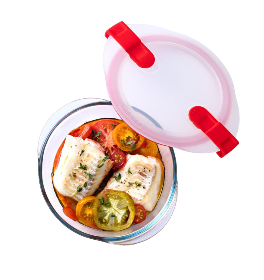 Round glass dish with steam valve lid - Cook  Heat