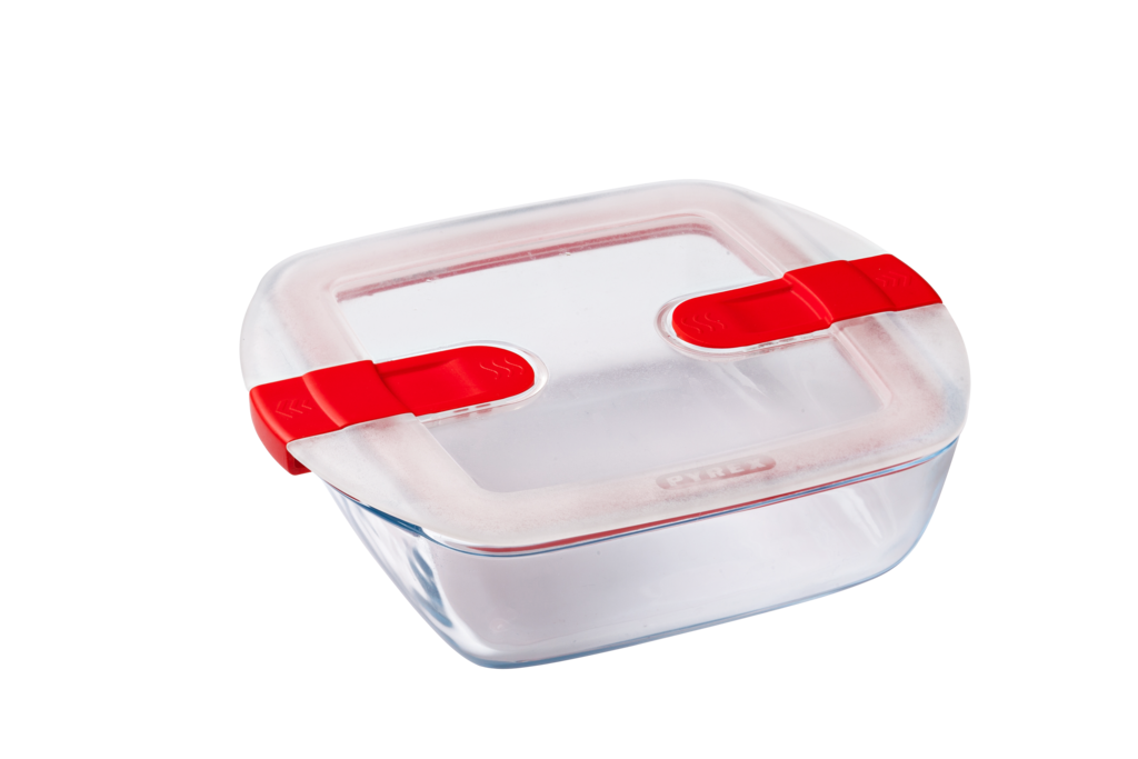 Square glass dish with steam valve lid - Cook  Heat
