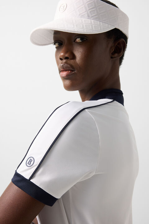 Katrina Functional Short-Sleeved Top In White/Navy Blue