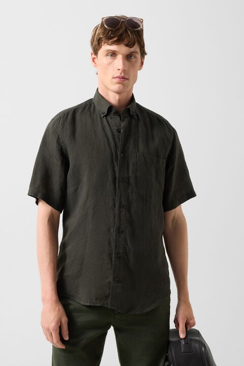 Linen Short-Sleeved Shirt Lykos In Olive Green