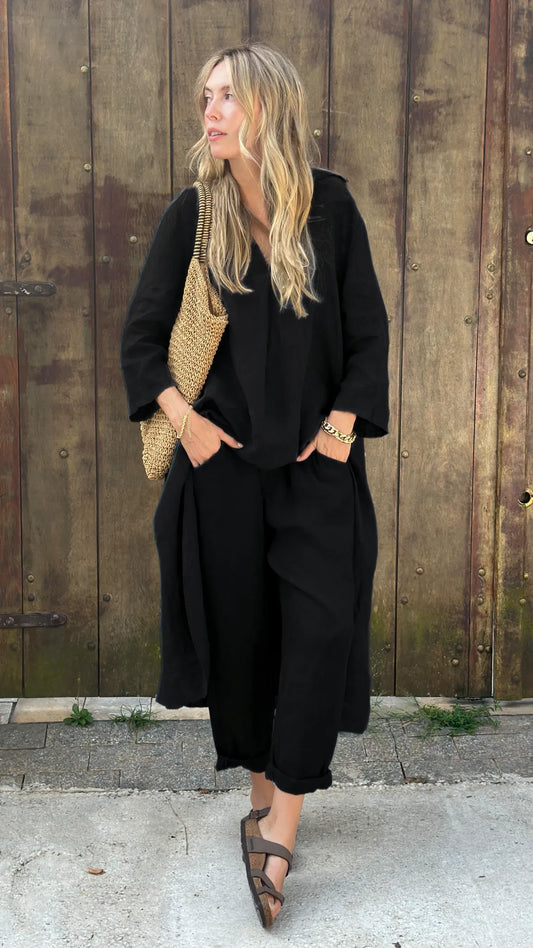 Set 2 pezzi casual in cotone e lino tinta unita (Acquista 2, spedizione gratuita)