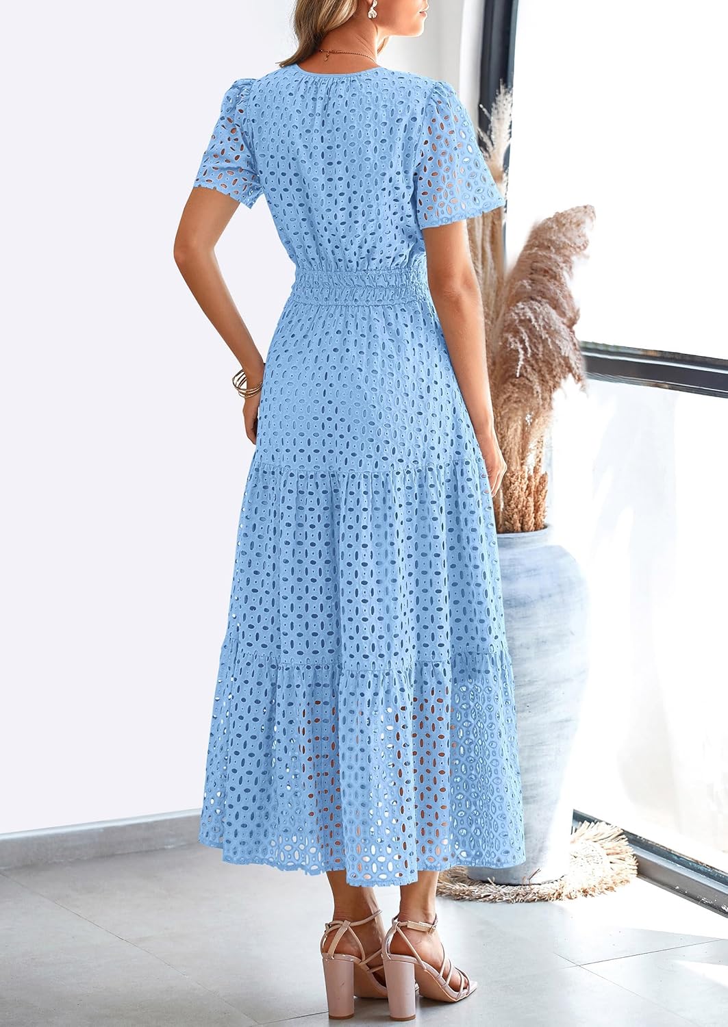 NEU 🔥Damen 2025 Sommer Maxikleid Kurzarm V-Ausschnitt Aushöhlung Ösen A-Linien-Kleider
