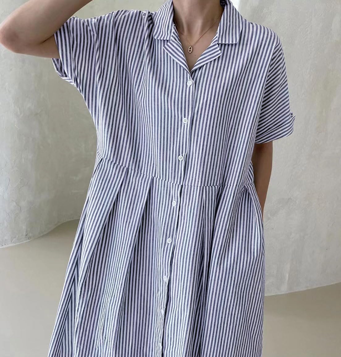 Abito camicia da donna a righe in cotone, abito lungo a trapezio a maniche corte con bottoni e tasche (acquista 2 e la spedizione è gratuita)