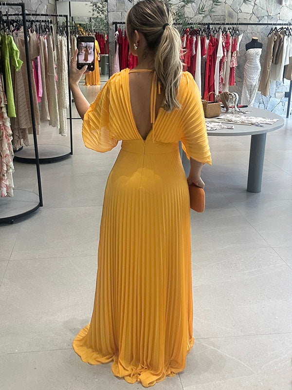 NEU🔥 V-Ausschnitt Chiffon Rückenbindeband Reißverschluss Fledermausärmel Kleid – Steuerfrei