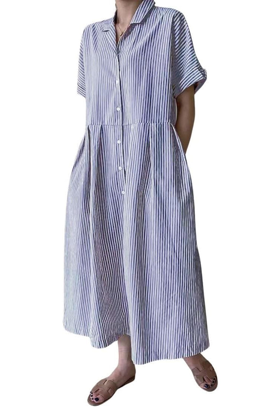 Abito camicia da donna a righe in cotone, abito lungo a trapezio a maniche corte con bottoni e tasche (acquista 2 e la spedizione è gratuita)