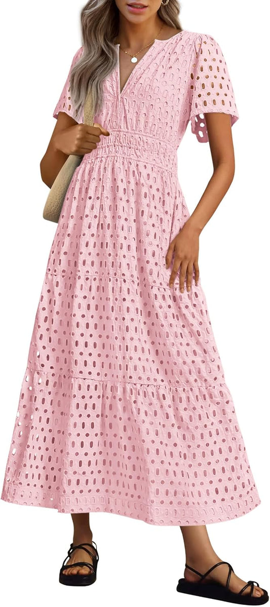 NEW 🔥Womens 2025 Summer Maxi Dress Short Sleeve V Neck Hollow Out Eyelet A Line Dresses