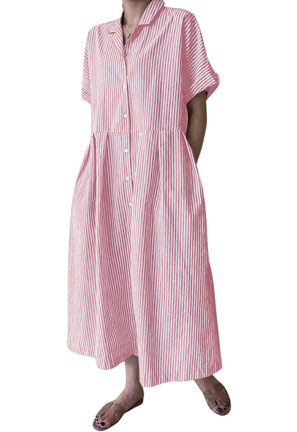 Abito camicia da donna a righe in cotone, abito lungo a trapezio a maniche corte con bottoni e tasche (acquista 2 e la spedizione è gratuita)