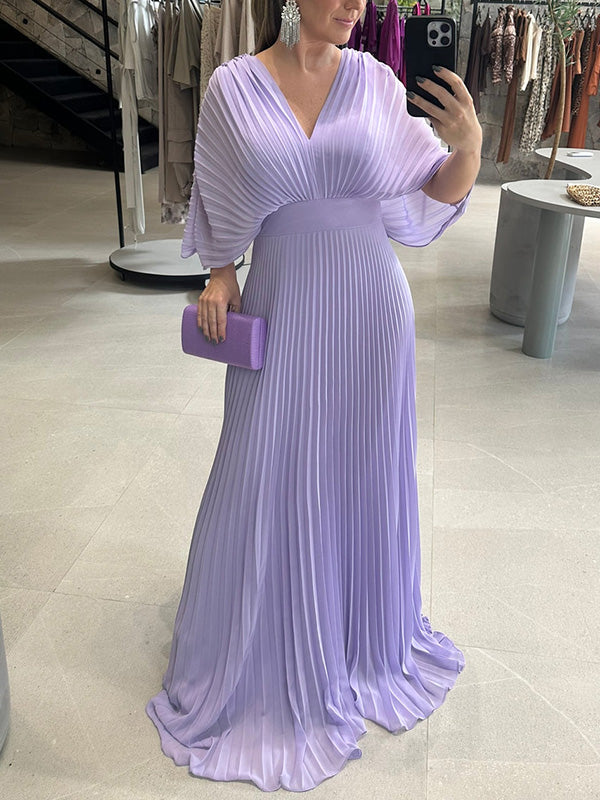 NEU🔥 V-Ausschnitt Chiffon Rückenbindeband Reißverschluss Fledermausärmel Kleid – Steuerfrei