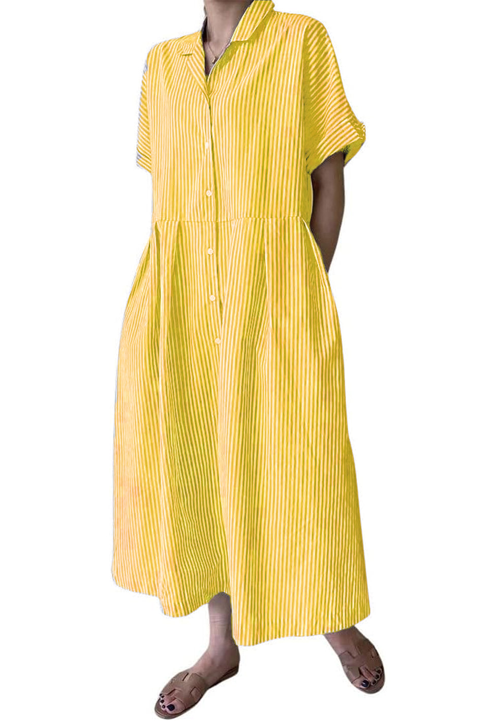 Abito camicia da donna a righe in cotone, abito lungo a trapezio a maniche corte con bottoni e tasche (acquista 2 e la spedizione è gratuita)