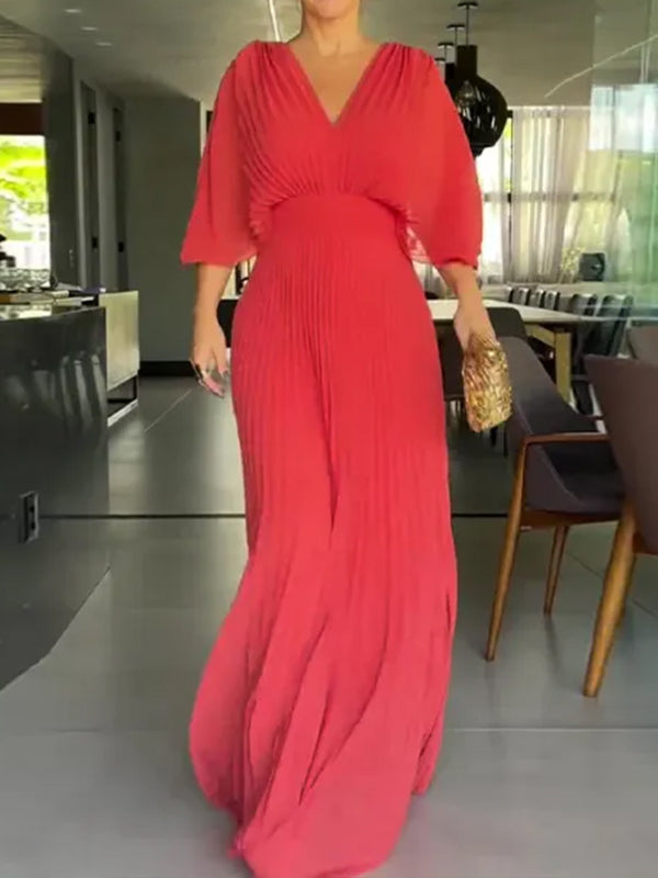 NEU🔥 V-Ausschnitt Chiffon Rückenbindeband Reißverschluss Fledermausärmel Kleid – Steuerfrei