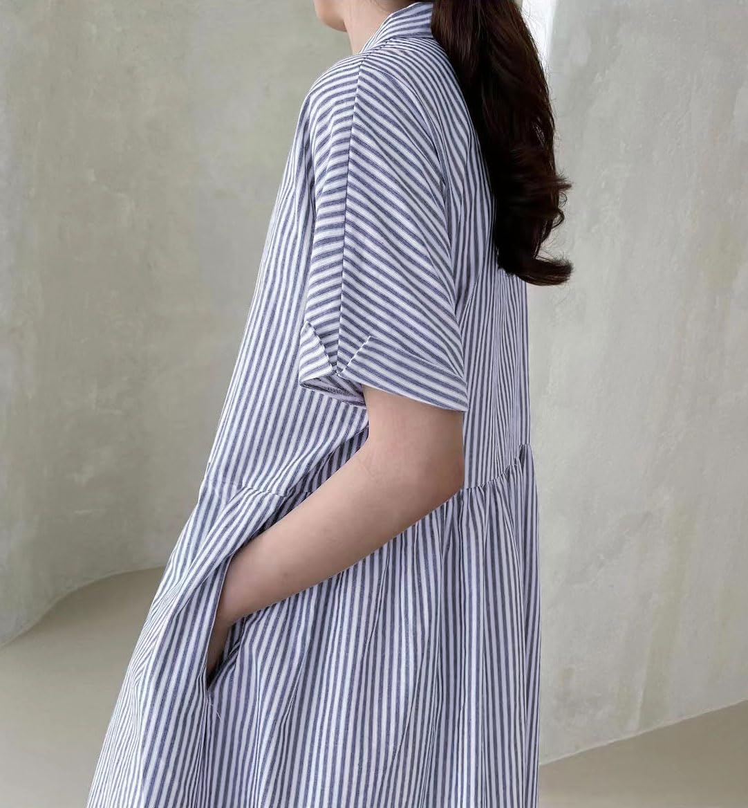 Abito camicia da donna a righe in cotone, abito lungo a trapezio a maniche corte con bottoni e tasche (acquista 2 e la spedizione è gratuita)