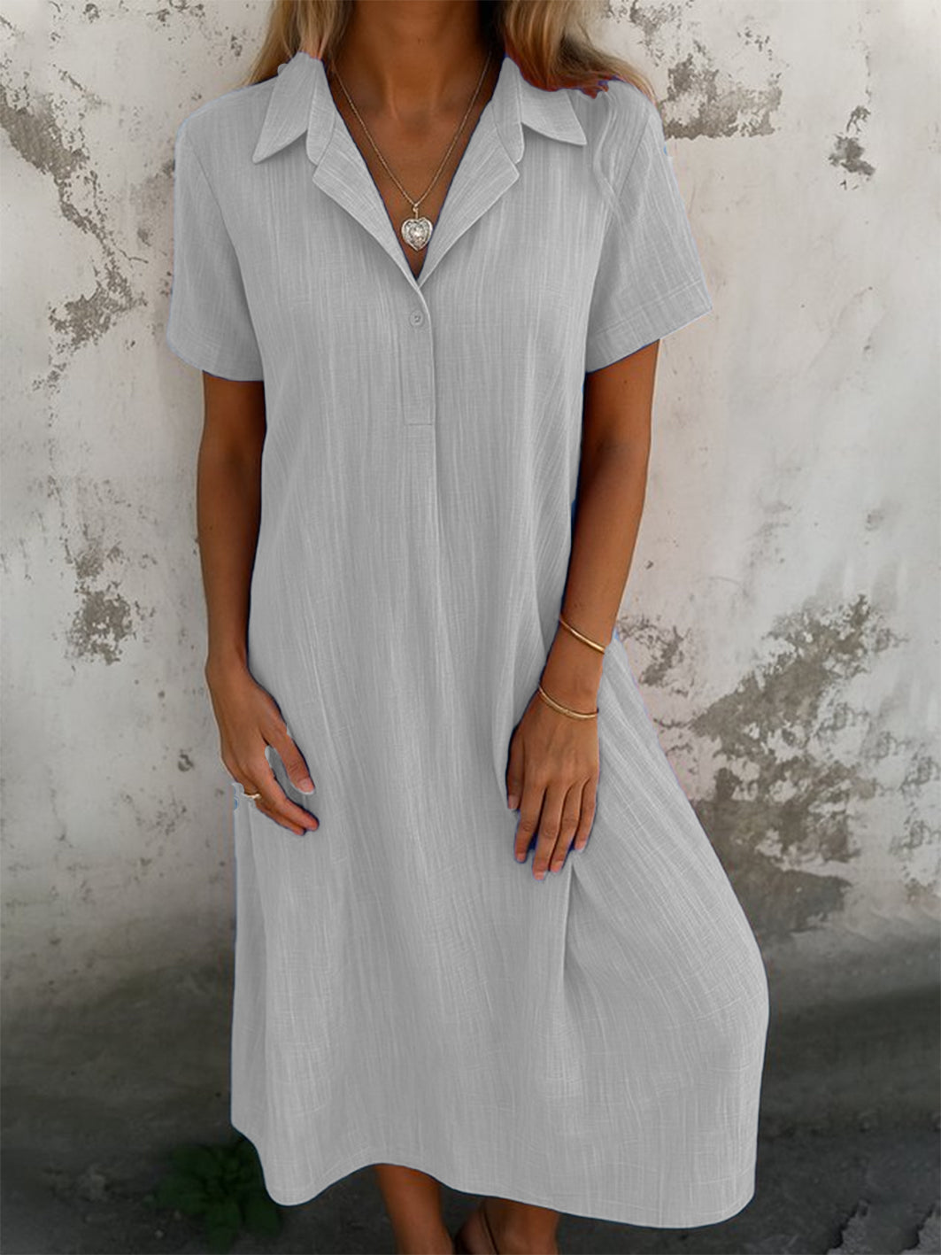 Damen schlichtes Kurzarm-Sommerkleid, Hemdkragen, täglich, Freizeit, Maxi A-Linien-Kleid (2 kaufen, kostenloser Versand)