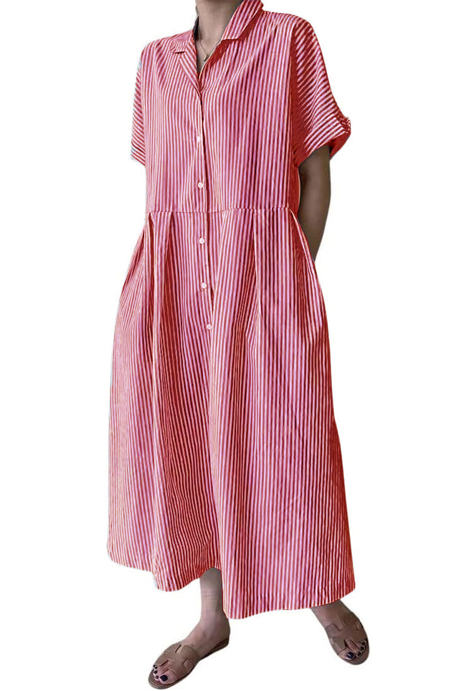 Abito camicia da donna a righe in cotone, abito lungo a trapezio a maniche corte con bottoni e tasche (acquista 2 e la spedizione è gratuita)