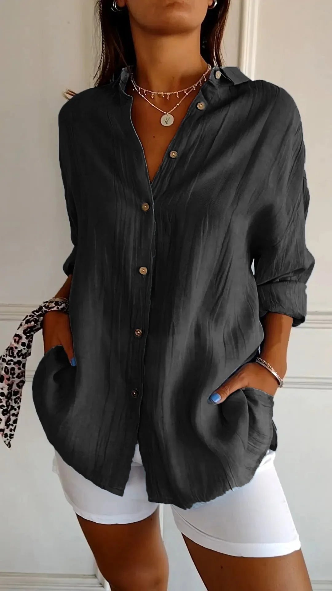 🌷Camicia da donna classica testurizzata plissettata monopetto con revers