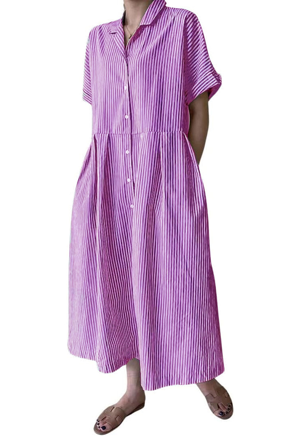 Abito camicia da donna a righe in cotone, abito lungo a trapezio a maniche corte con bottoni e tasche (acquista 2 e la spedizione è gratuita)