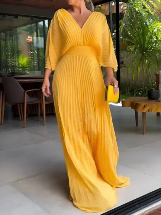 NEW🔥 V Neck Chiffon Back Tie Zipper Bat Sleeve Dress- Tax Free