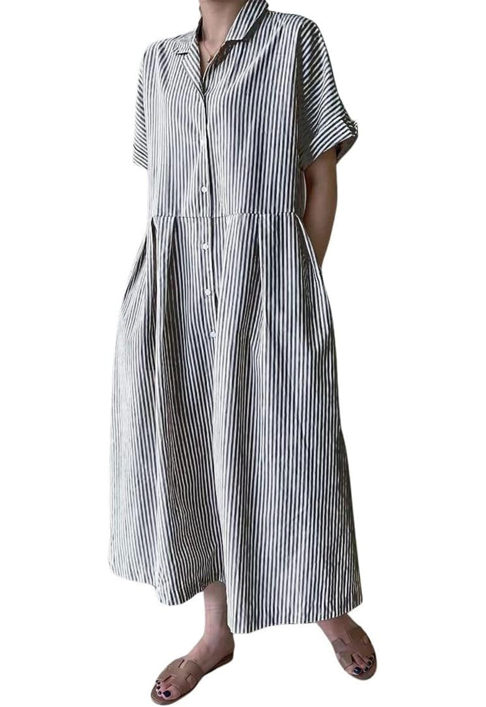 Abito camicia da donna a righe in cotone, abito lungo a trapezio a maniche corte con bottoni e tasche (acquista 2 e la spedizione è gratuita)