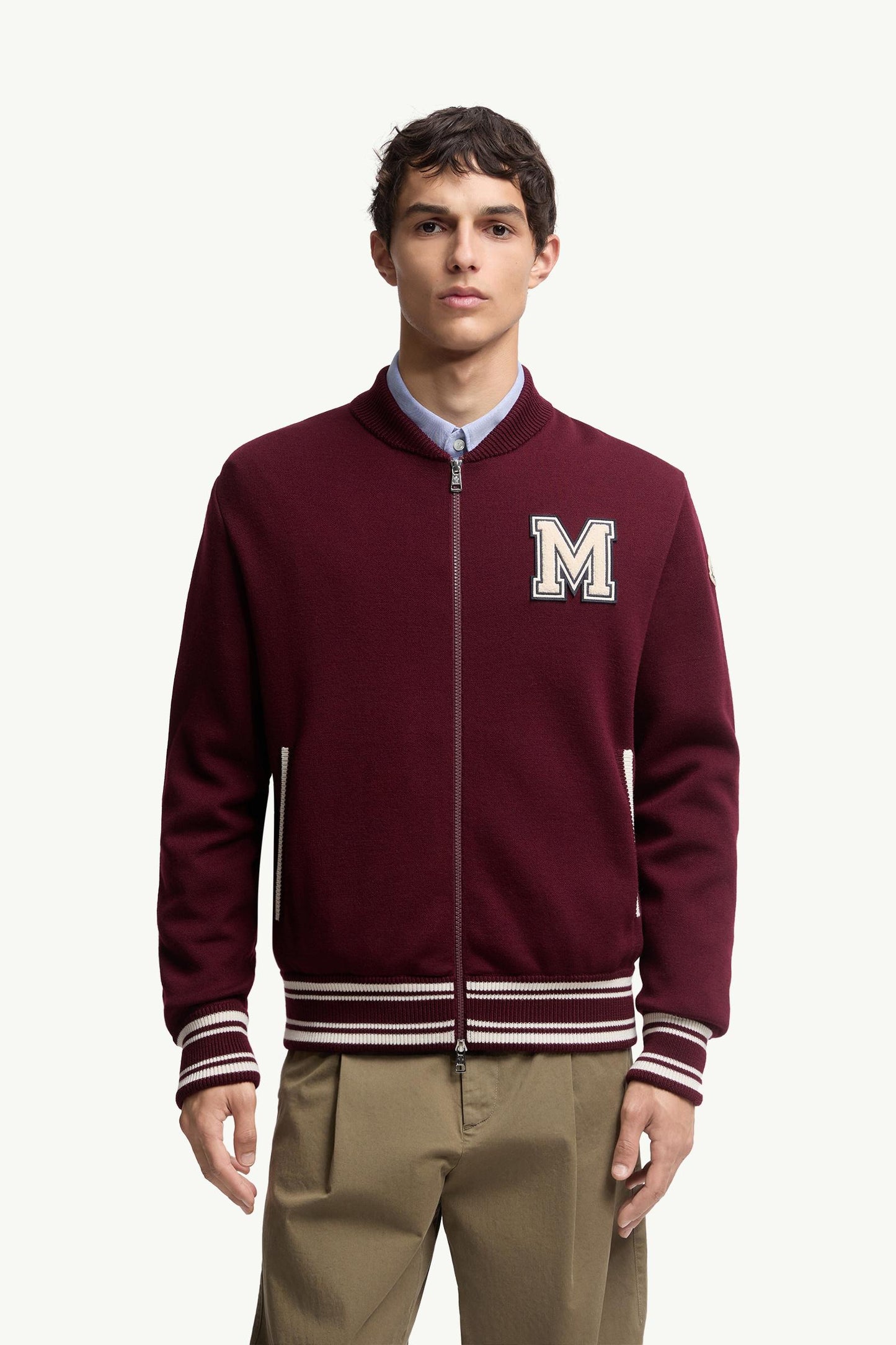 Embroidered Monogram Padded Zip-Up Wool Blend Cardigan