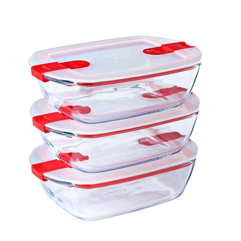 Set of 3 glass lunchboxes with steam valve lid - multi shape -Cook  Heat