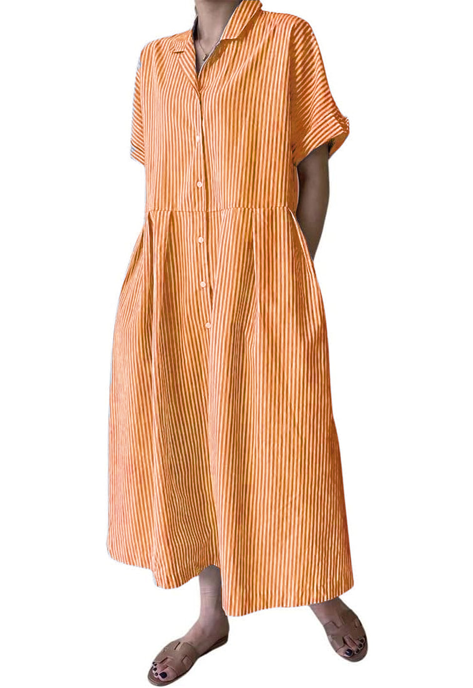 Abito camicia da donna a righe in cotone, abito lungo a trapezio a maniche corte con bottoni e tasche (acquista 2 e la spedizione è gratuita)