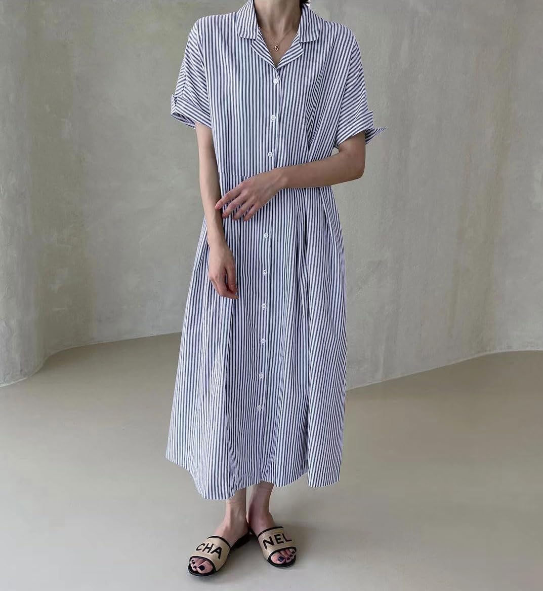 Abito camicia da donna a righe in cotone, abito lungo a trapezio a maniche corte con bottoni e tasche (acquista 2 e la spedizione è gratuita)