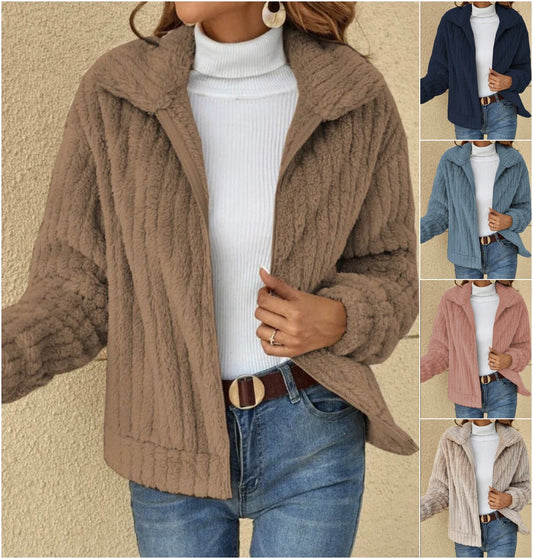 Giacca casual in pile caldo con cerniera e bavero