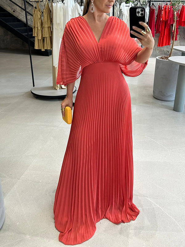 NEU🔥 V-Ausschnitt Chiffon Rückenbindeband Reißverschluss Fledermausärmel Kleid – Steuerfrei
