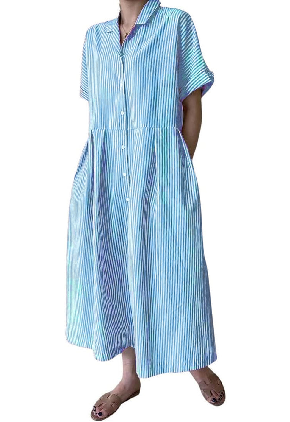 Abito camicia da donna a righe in cotone, abito lungo a trapezio a maniche corte con bottoni e tasche (acquista 2 e la spedizione è gratuita)
