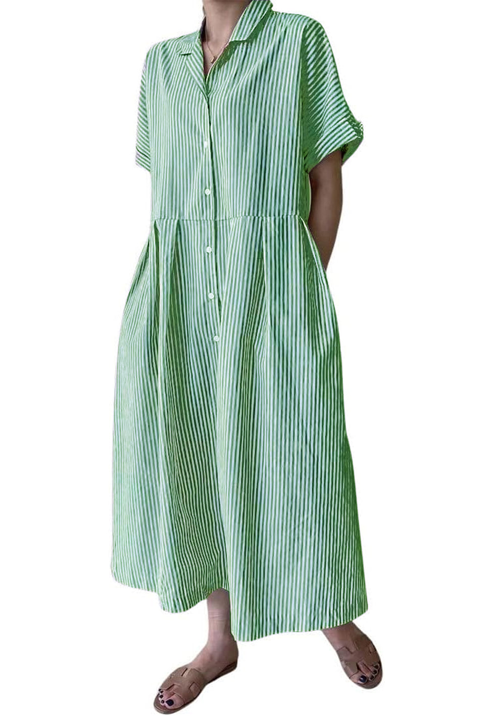 Abito camicia da donna a righe in cotone, abito lungo a trapezio a maniche corte con bottoni e tasche (acquista 2 e la spedizione è gratuita)